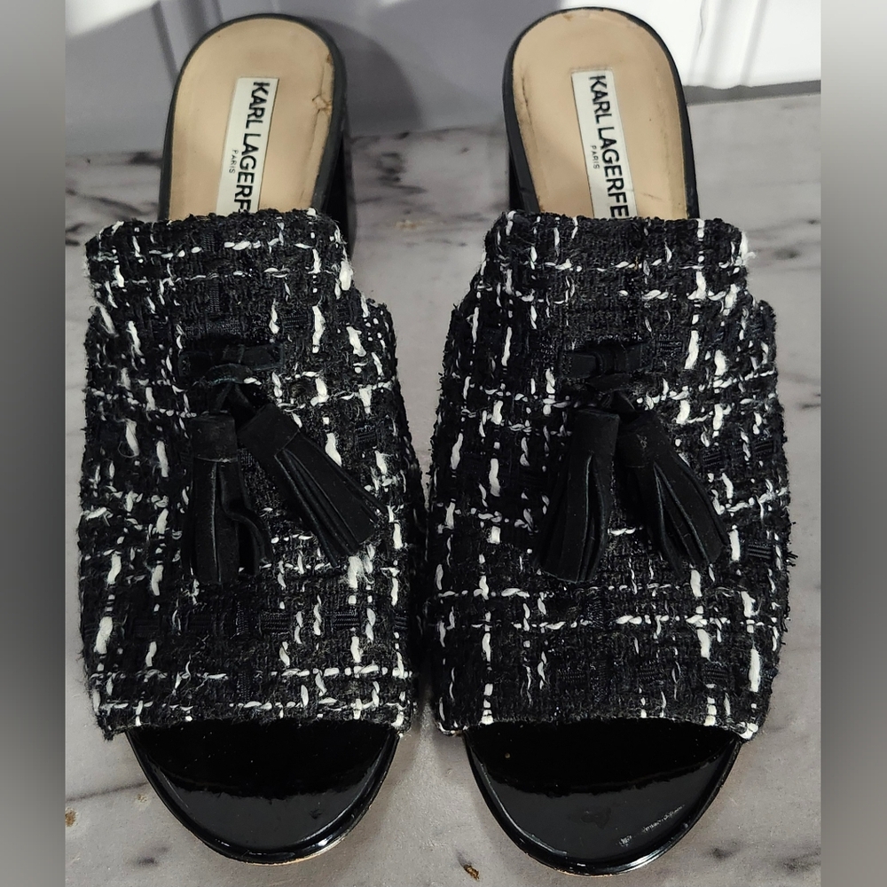 Karl Lagerfeld Black & White Tweed Tassle Patent Leather Mules Women's S…